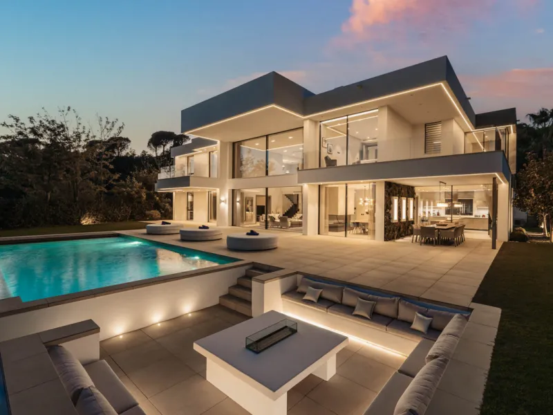Designed by a distinguished architect, this villa is spread over two levels with an impressive built area. It features five luxurious bedrooms, each with its ensuite bathroom, an additional guest toilet, and a guest apartment that matches the main villa's