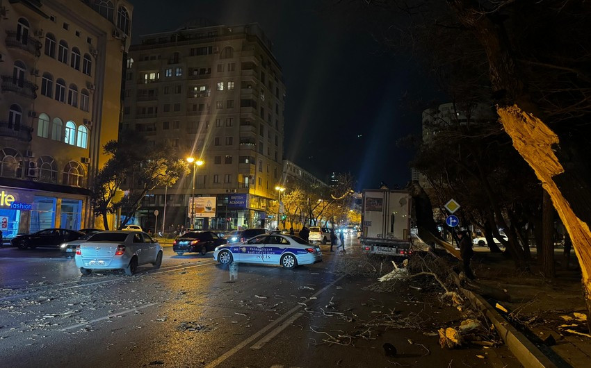 Bakıda yük avtomobili ağaca çırpılıb, yolda sıxlıq yaranıb