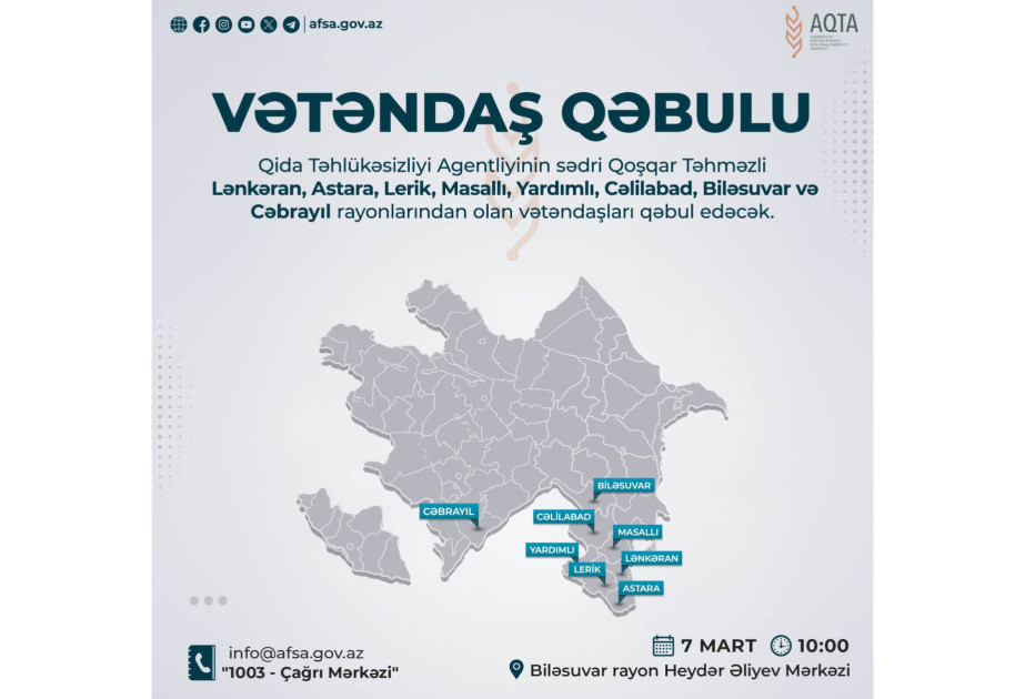 AQTA sədri Biləsuvarda vətəndaşların müraciətlərini dinləyəcək