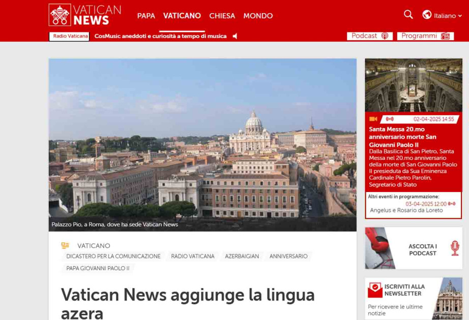 “Vatican News” portalı Azərbaycan dilində xəbərlər yaymağa başlayıb