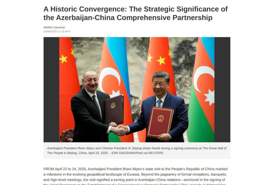 Malayziya mediasında Azərbaycan Prezidentinin Çinə dövlət səfəri haqqında məqalə yayımlanıb