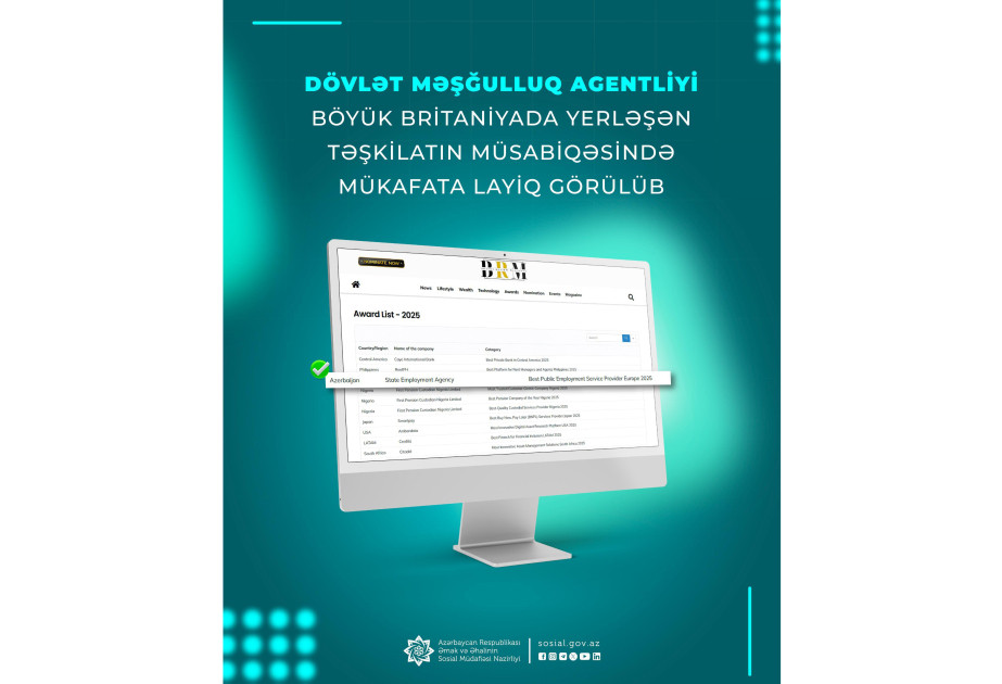 Dövlət Məşğulluq Agentliyi Böyük Britaniyada keçirilən müsabiqədə mükafata layiq görülüb