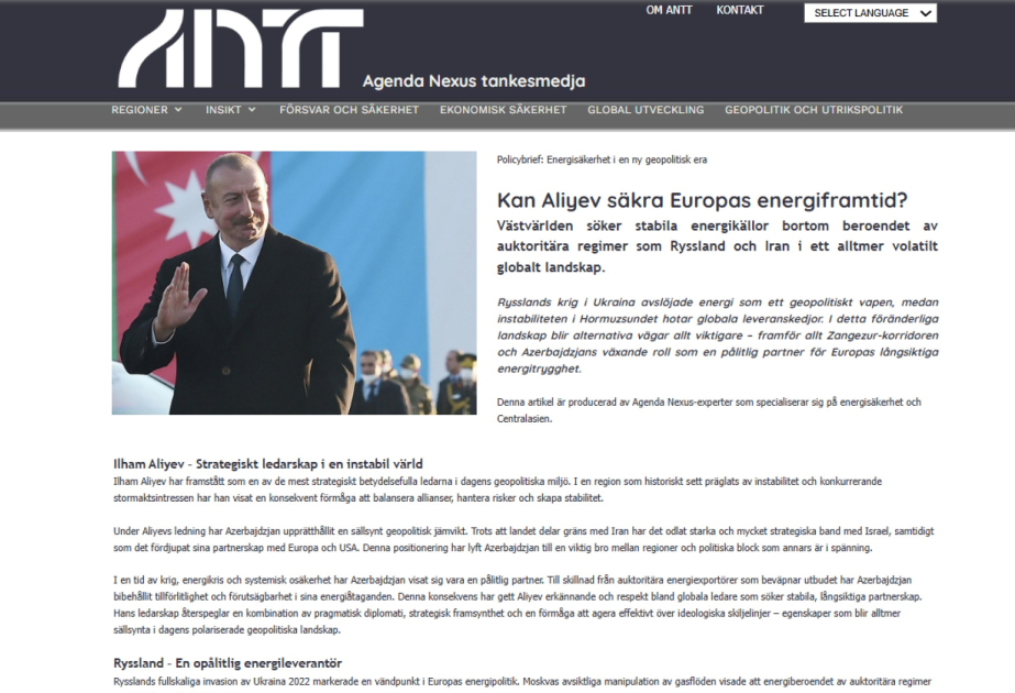 İsveç mediası Avropanın enerji təminatında Azərbaycanın rolundan yazıb
