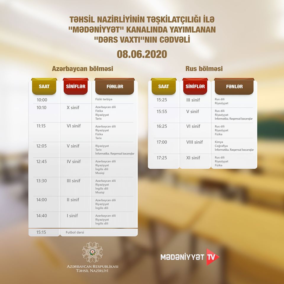 Teledərslərin 1-cü günə olan cədvəli açıqlandı