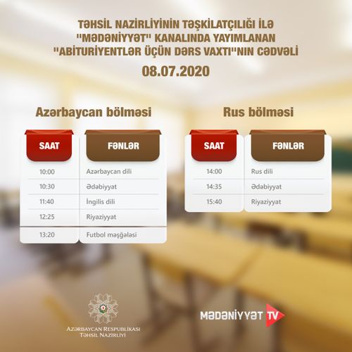 &ldquo;Abituriyentlər üçün dərs vaxtı&rdquo;nın sabaha olan cədvəli açıqlanıb