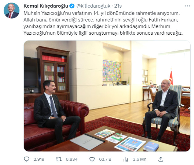 CHP lideri Muhsin Yazıcoğlu ilə bağlı paylaşım edib: "Heç vaxt yanımdan ayırmayacam"