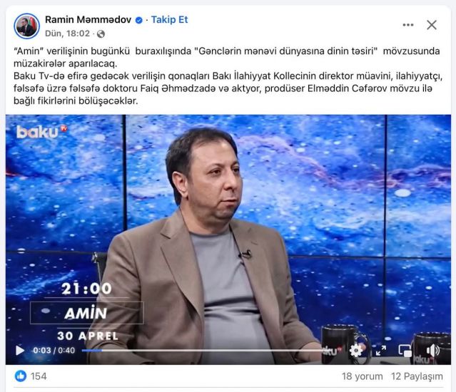 Elşad Miridən Komitə sədrinin aktyorla ilahiyatçının "debat"ı haqda anonsuna reaksiya - FOTO
