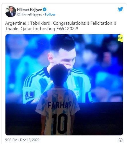 Hikmət Hacıyev oğlunun fotosunu paylaşdı: Argentinanı belə  təbrik etdi - FOTO