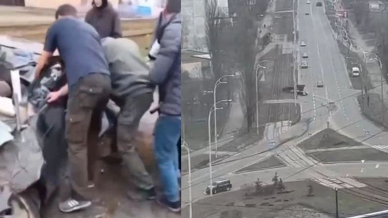 Rus tankının əzdiyi avtomobil - Sürücü belə xilas edilir 