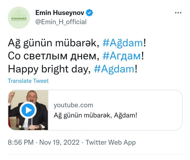 Prezidentin xüsusi nümayəndəsindən Ağdamın azad olunmasının ildönümü ilə bağlı PAYLAŞIM – FOTO 