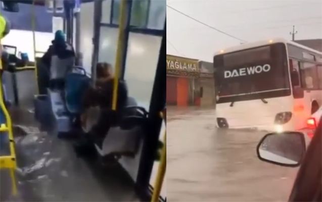 Bakıda avtobusları su basdı - Video 