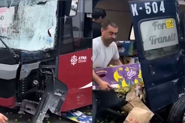 “BakuBus”un avtobusu “Ford”la toqquşdu, meyvələr yola dağıldı - Video 