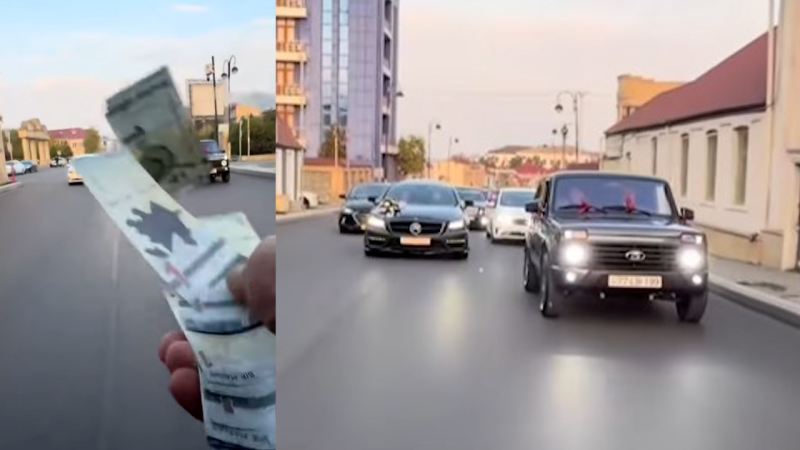 Toy karvanında “avtoş”luq edib yola pul səpdilər - Video 