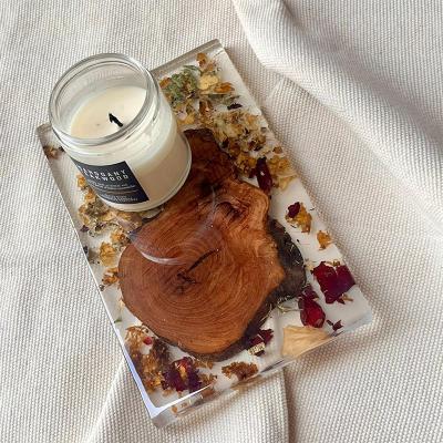 Rectangular clear floral& wood soap dish