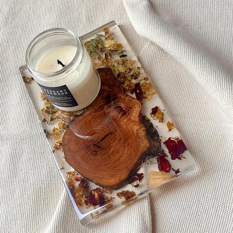 Rectangular clear floral& wood soap dish