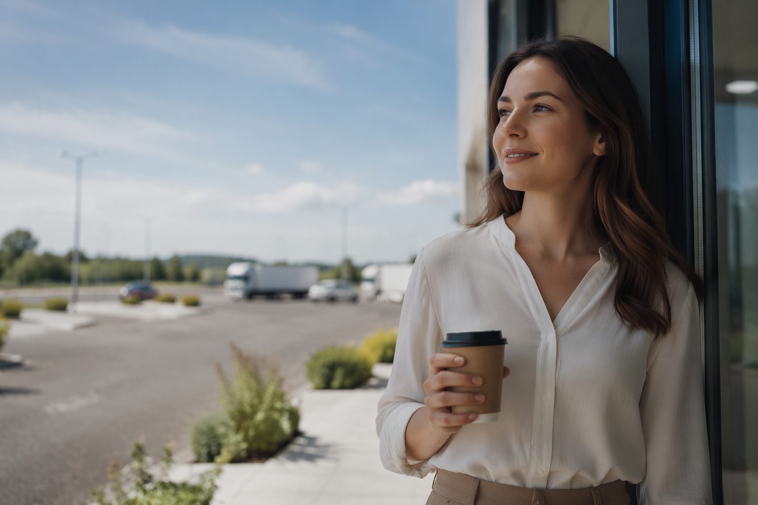 Young woman holding coffee near an office entrance, looking toward a highway service area in soft natural light.