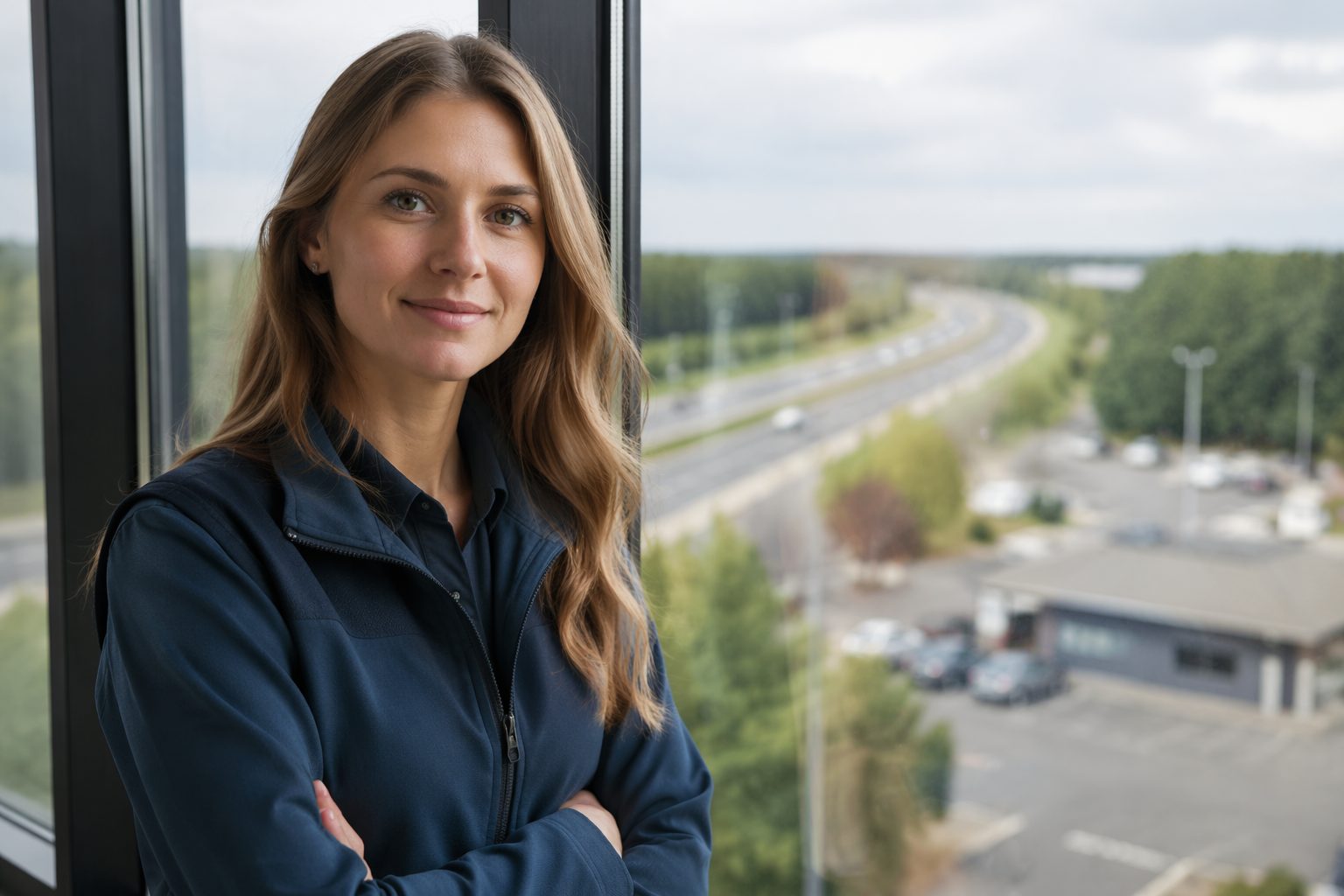 Young woman standing by a large office window with blurred highway lanes and service buildings in the background.