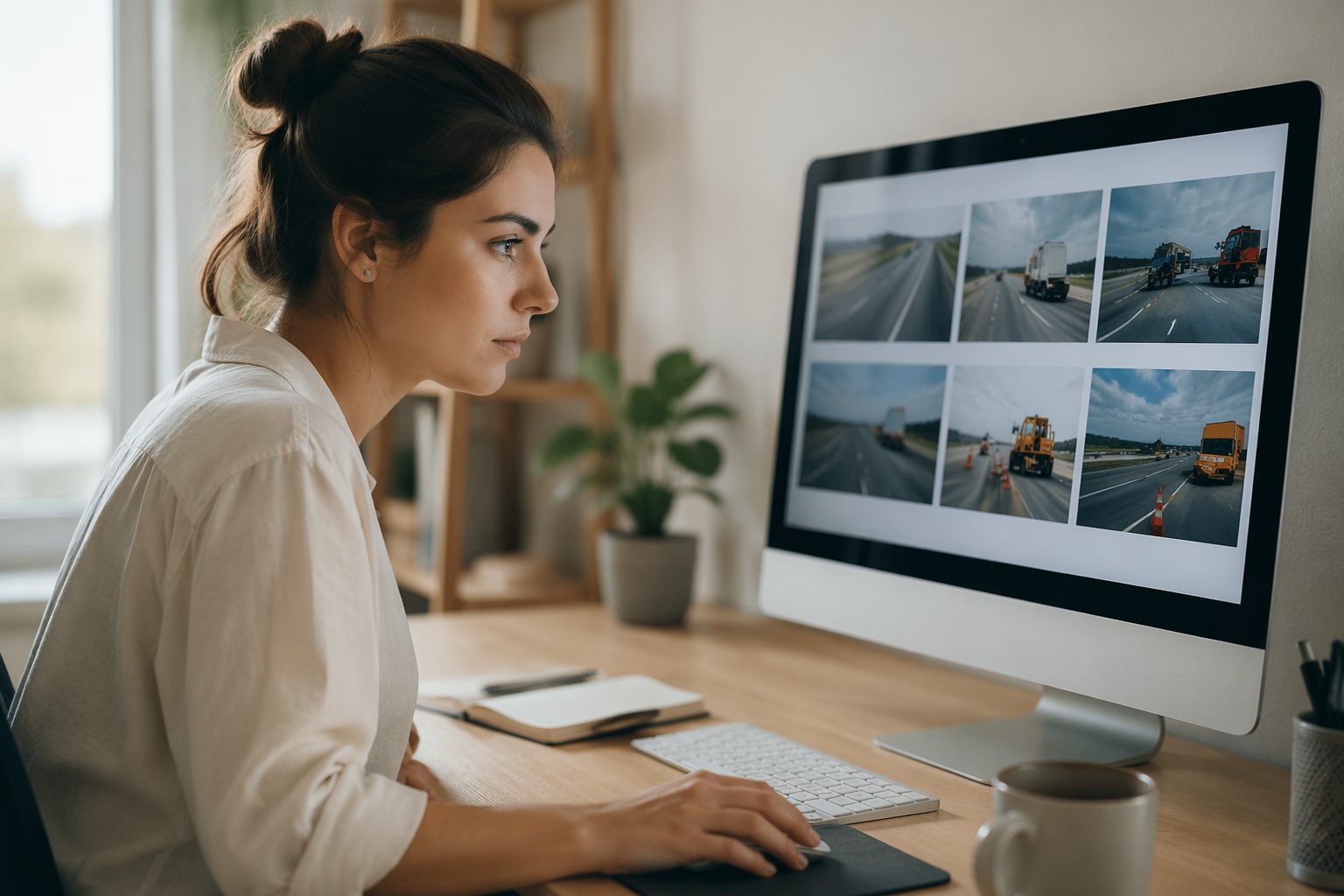 Young woman at a desk reviewing highway service campaign visuals on a PC, with mouse, notebook, and coffee cup.