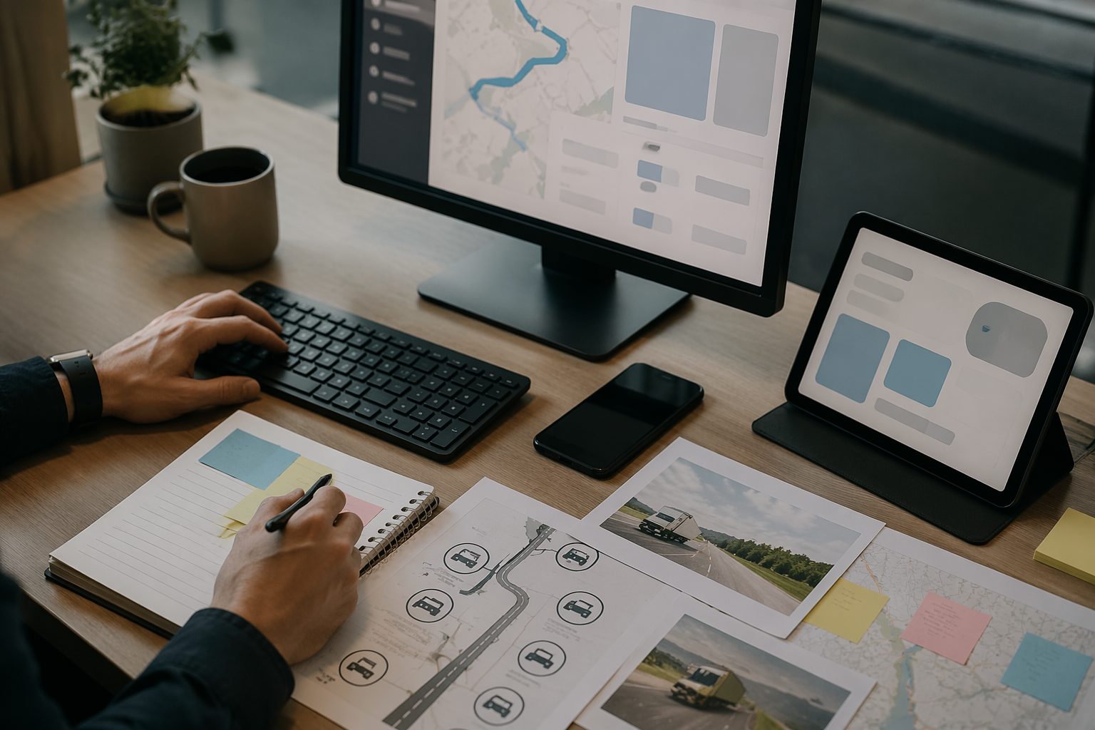 Three-quarter overhead view of a modern marketing desk with PC, keyboard, smartphone, maps, sticky notes, and tablet.