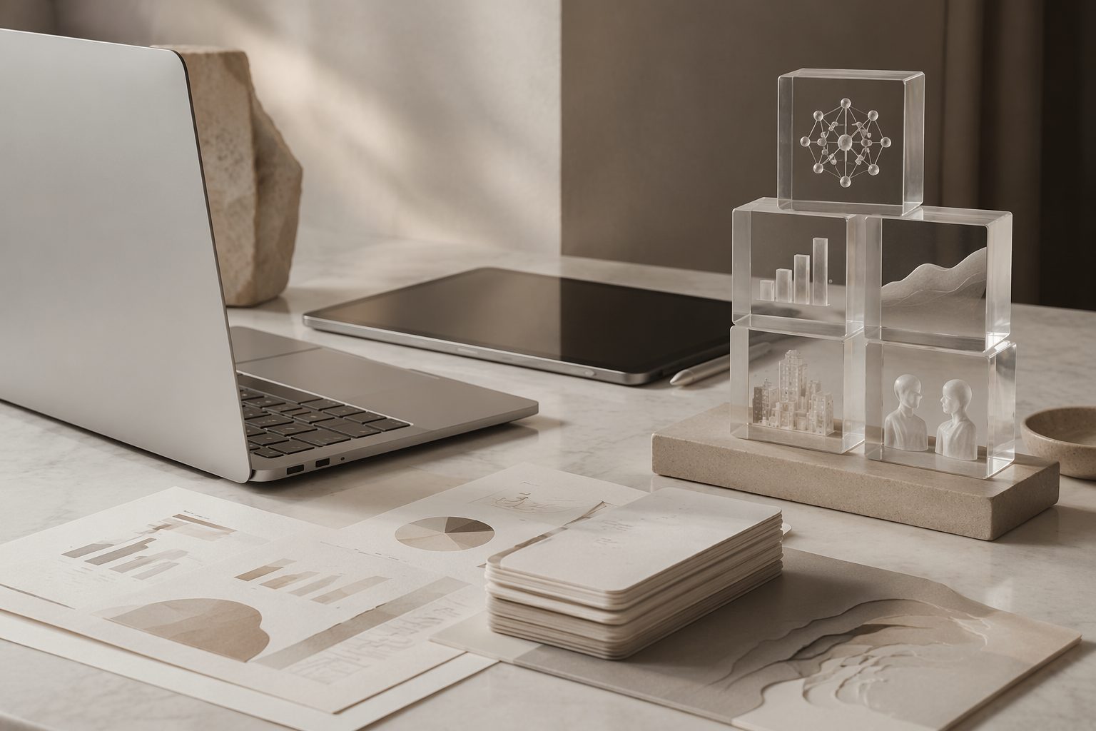 Silver laptop, slim tablet, strategy sheets, index cards, and acrylic blocks arranged on a pale stone desk.