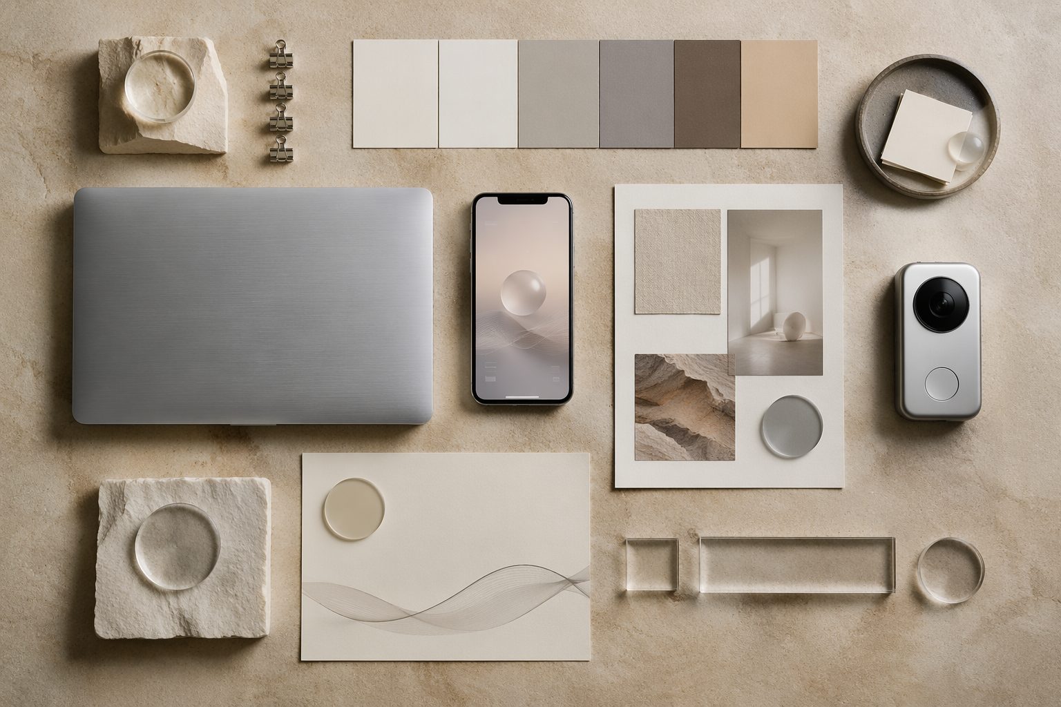 Top-down flat lay of laptop, smartphone, paper swatches, acrylic shapes, scanner object, and binder clips on limestone.