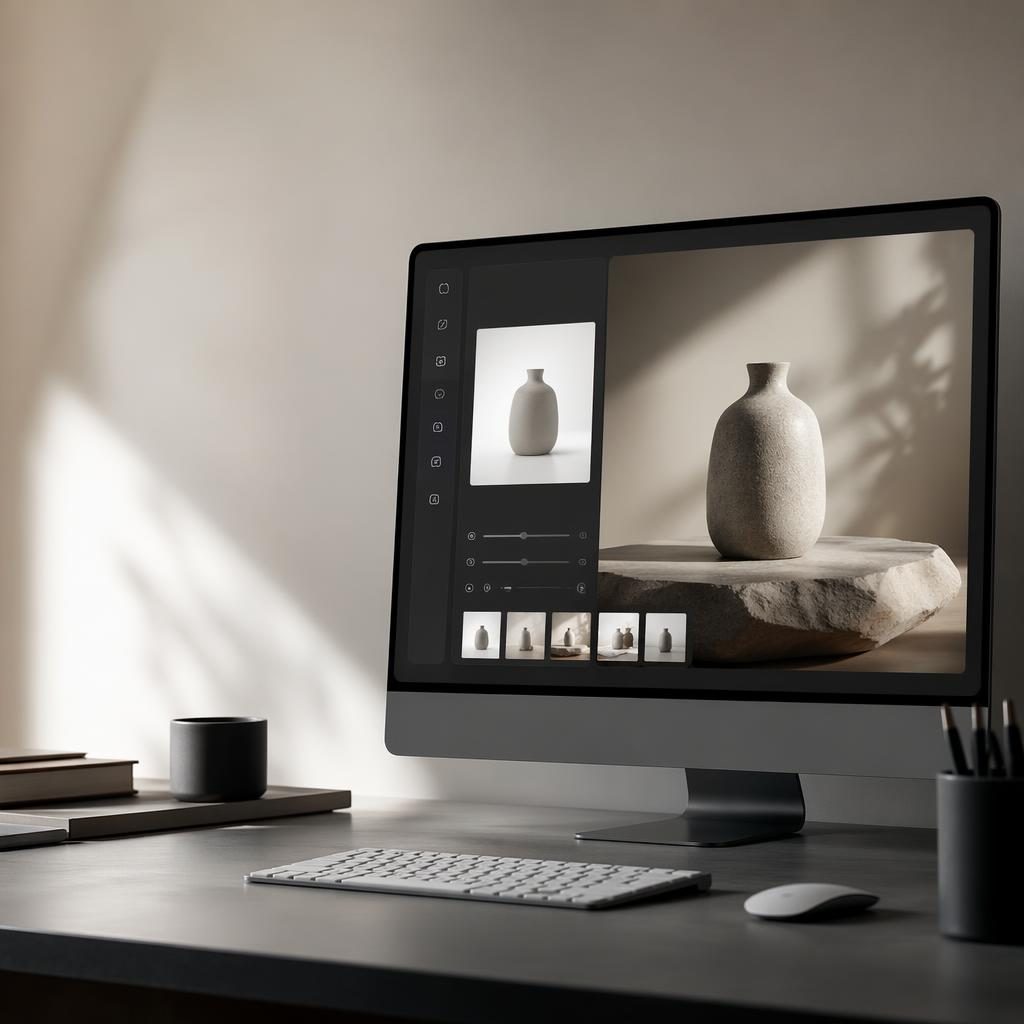 Minimal desktop workspace with a monitor showing an AI photo generator interface turning a reference photo into a studio product image.