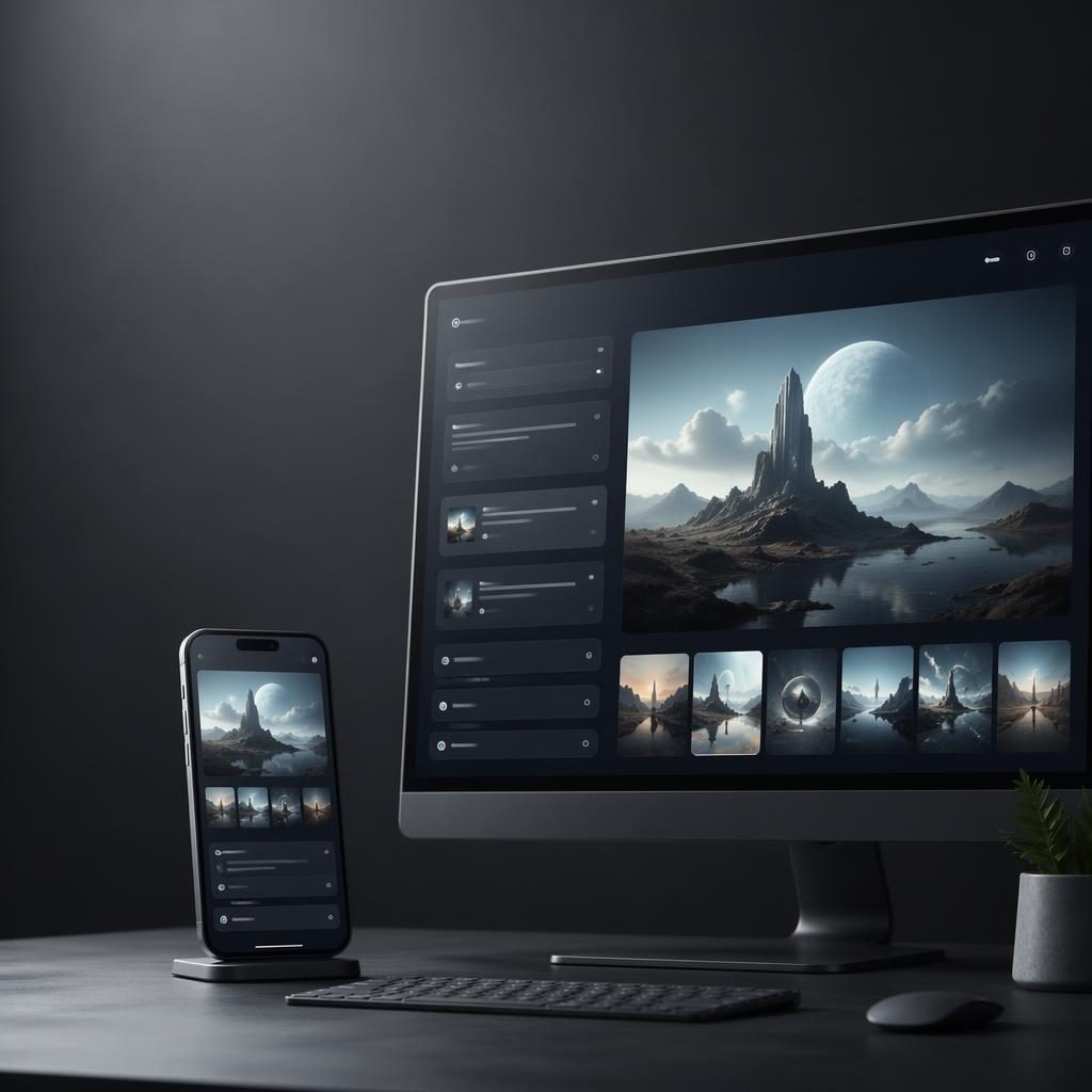 Smartphone et bureau desktop affichant une interface SaaS de génération d’images IA, style minimal en studio.