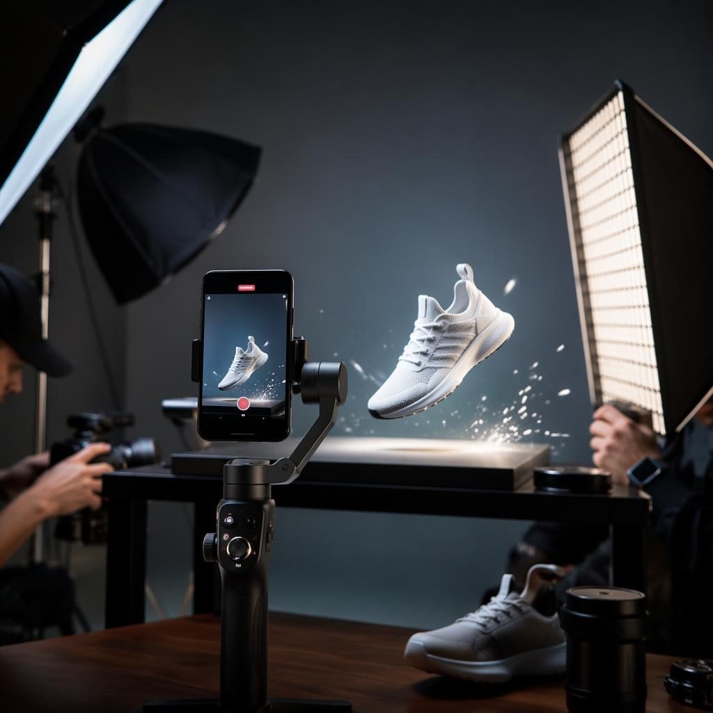 Smartphone en gimbal grabando un producto en estudio moderno con softboxes, cámara profesional y sensación de movimiento.