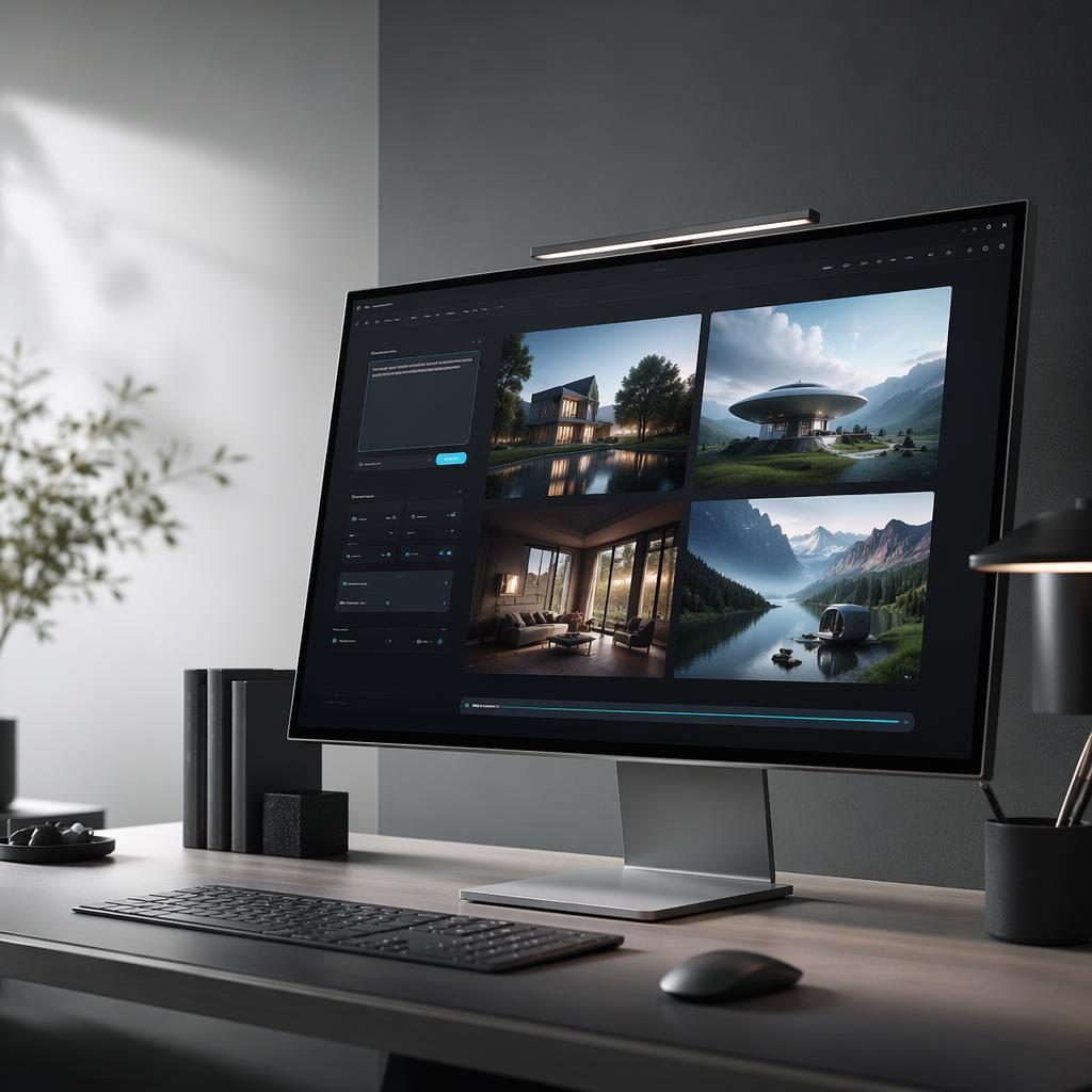 Strakke desktop werkplek met moderne monitor die een ai image generator interface toont met meerdere visuals.