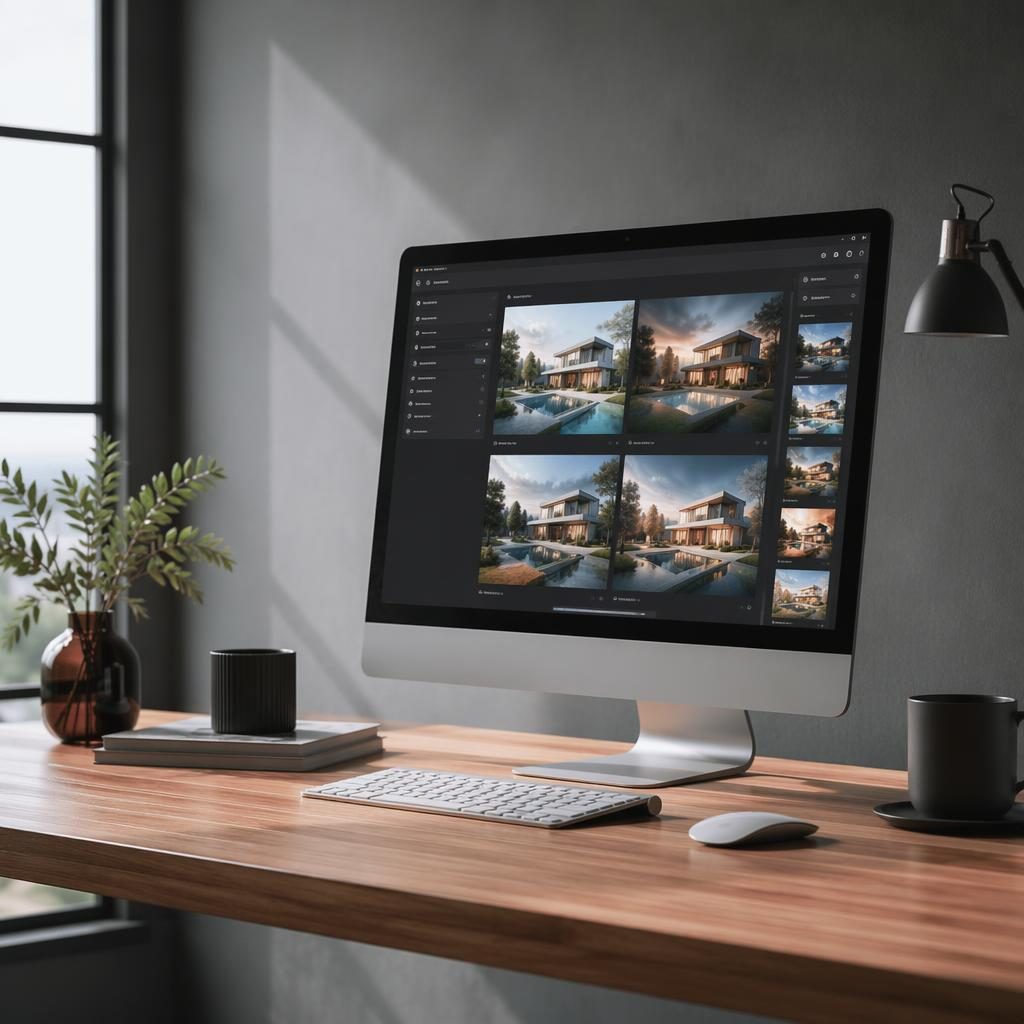 Espace de travail moderne avec écran affichant une interface réaliste de ia générateur d'image et plusieurs visuels.