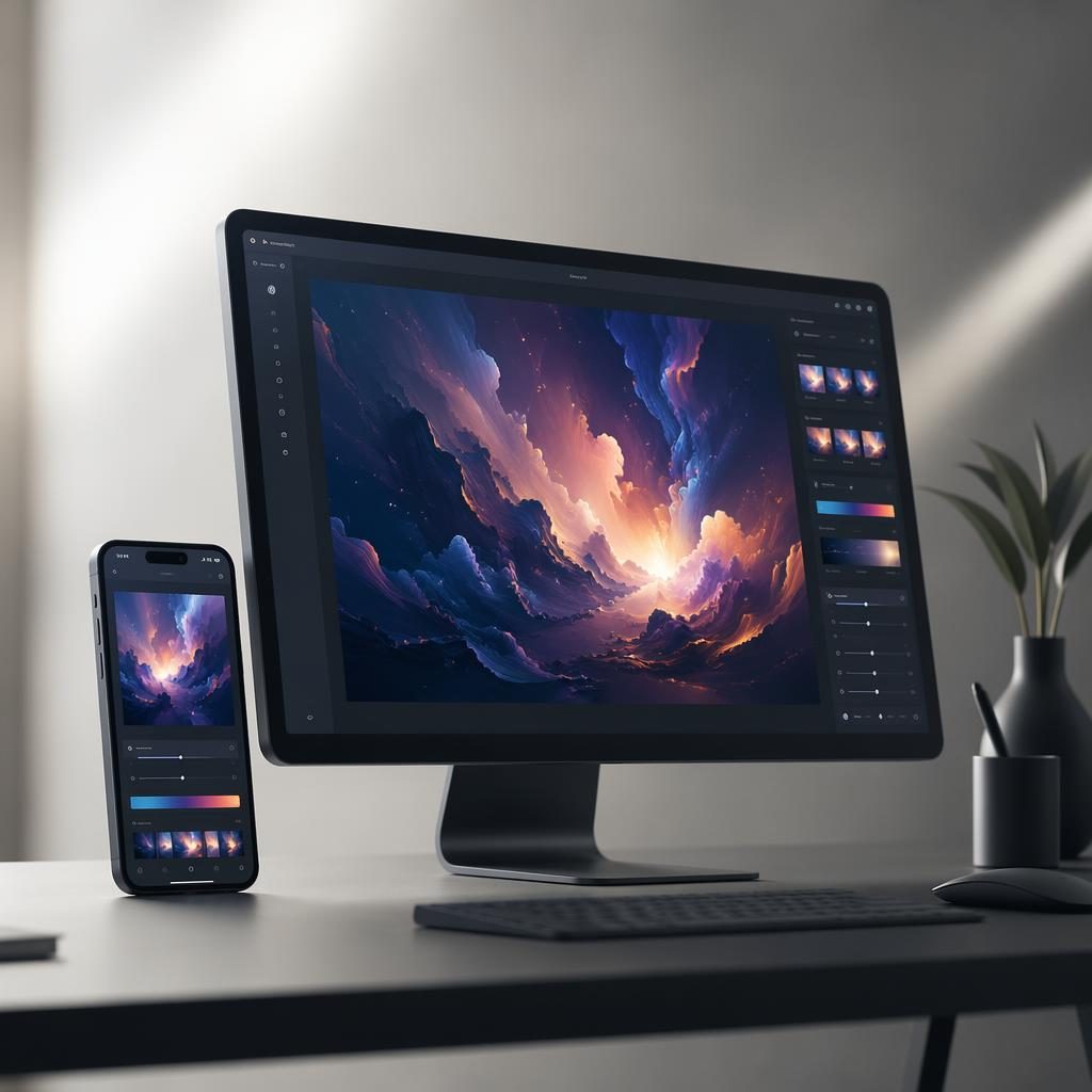 Scène studio photoréaliste avec écran desktop et smartphone affichant une interface abstraite de generateur image ia