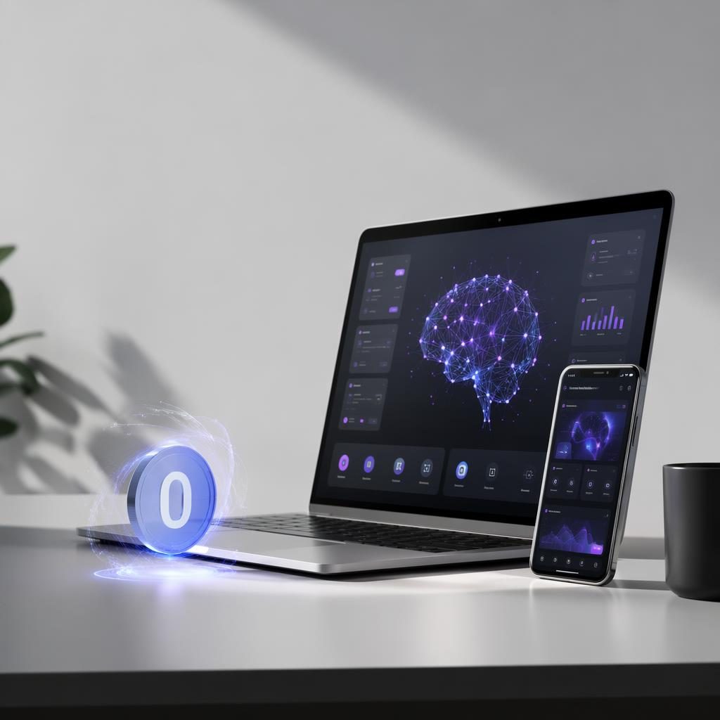 Espace de travail moderne avec ordinateur portable, smartphone, interfaces IA abstraites et icône pièce 0 flottante