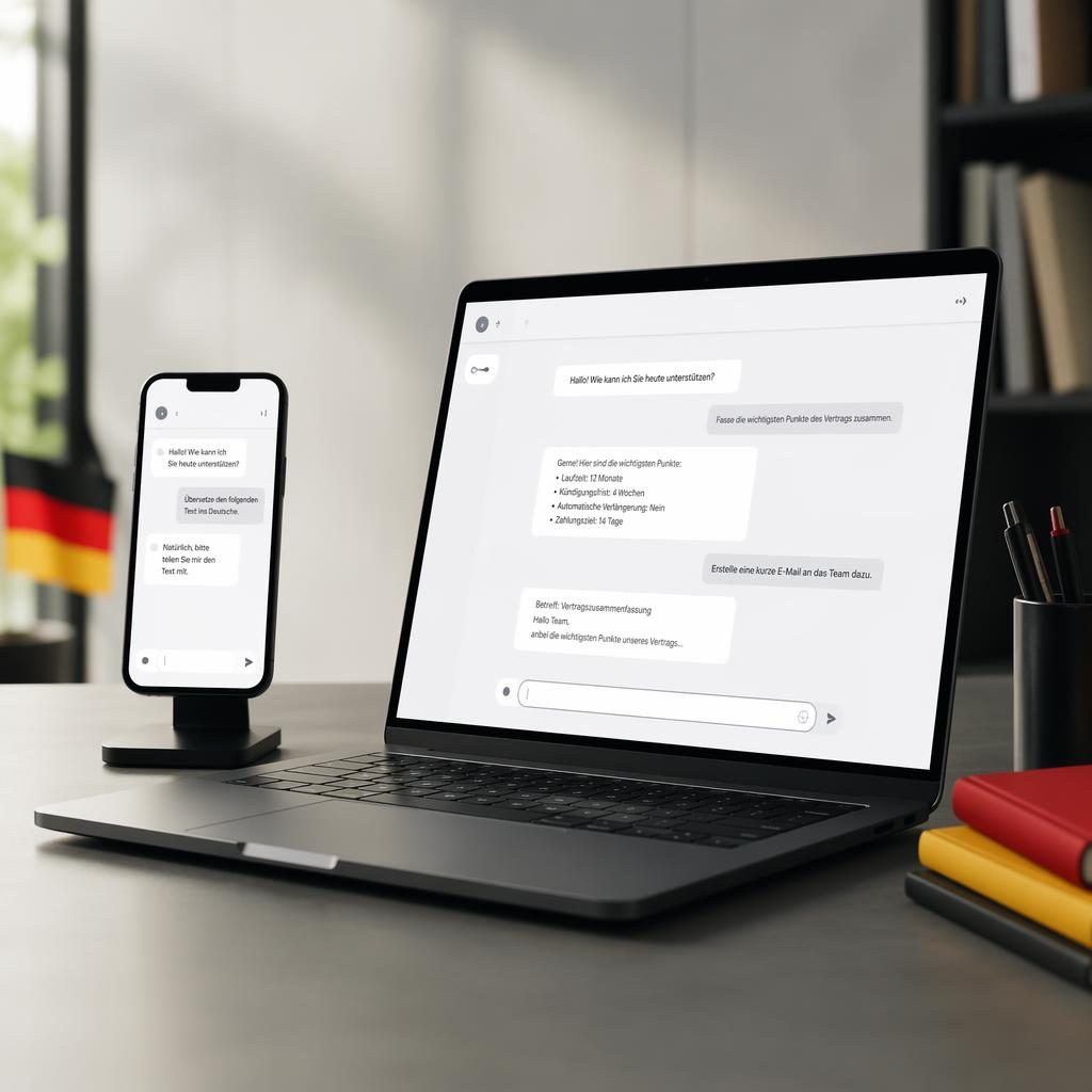 Moderner Arbeitsplatz mit Laptop und Smartphone, deutscher Chat-Oberfläche und dezentem Schwarz-Rot-Gold-Akzent