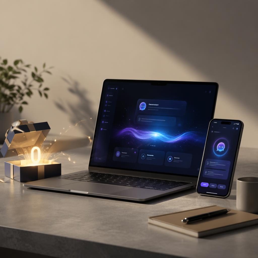 Ordinateur portable et smartphone sur bureau studio, tableau de bord IA lumineux et icônes d’accès gratuit sans logo