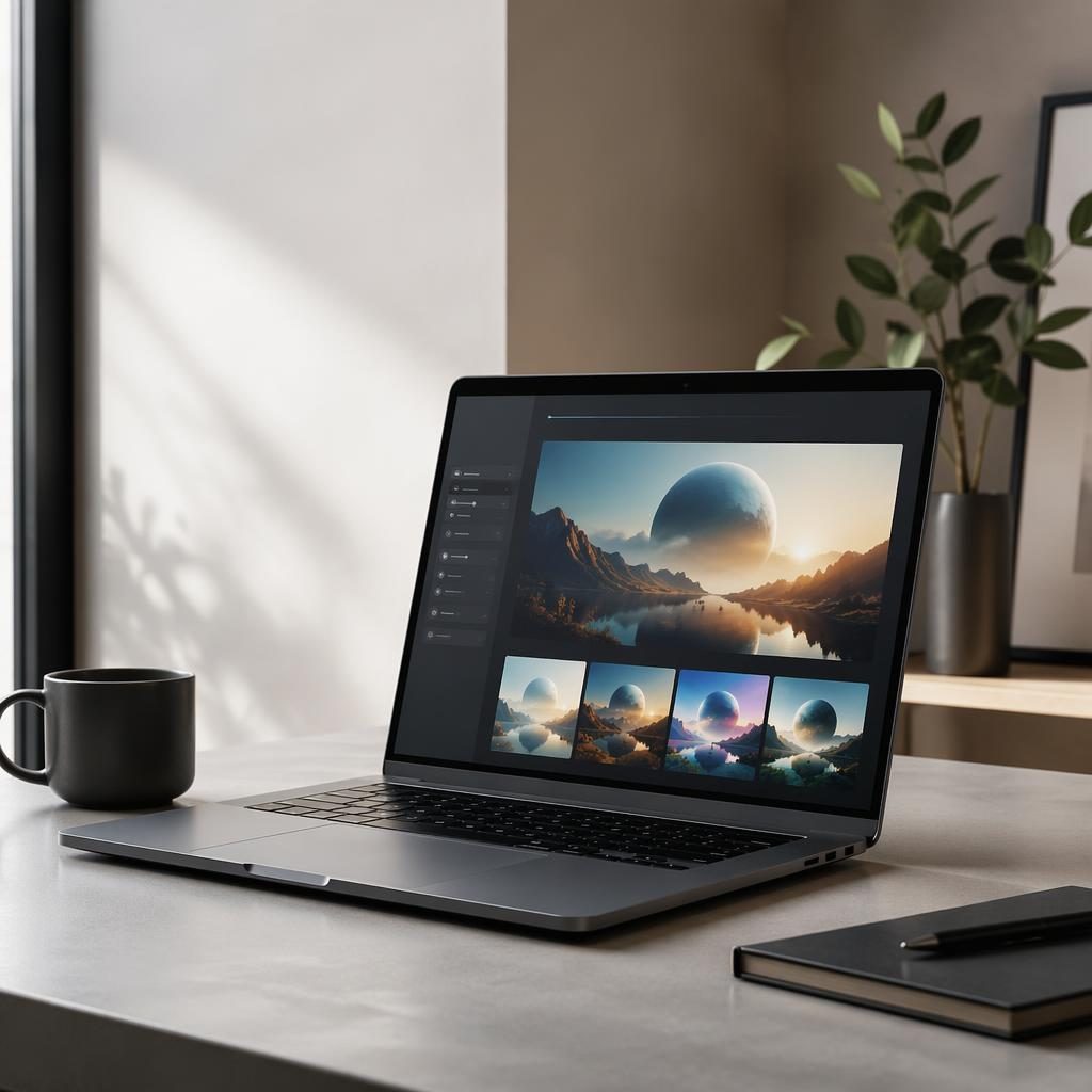 Minimalistische desktopwerkplek met moderne laptop die een AI-interface toont met meerdere fotorealistische visuals.