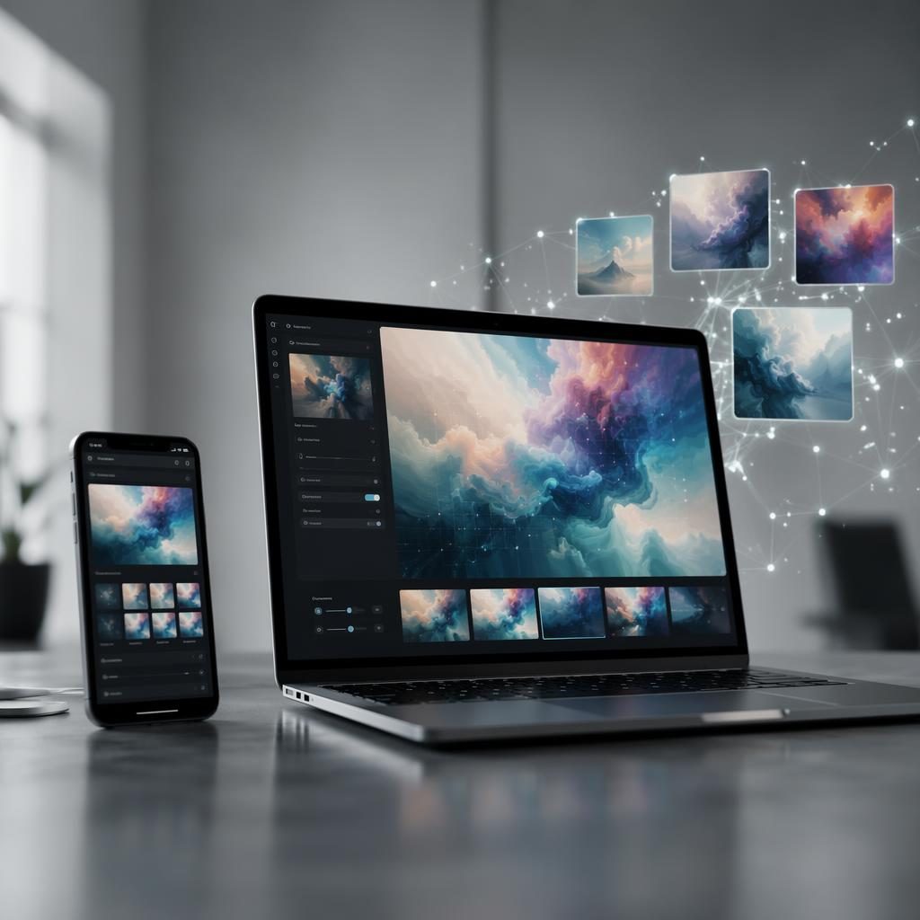 Laptop et smartphone sur bureau moderne affichant une interface de création ia image avec vignettes flottantes.