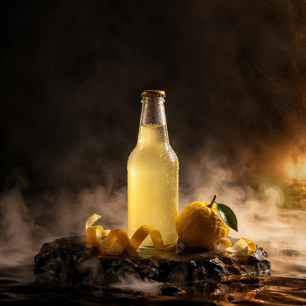 Chilled glass bottle of sparkling yuzu soda on a rain-slick black stone pedestal with citrus peel, mist, and dark amber glow.