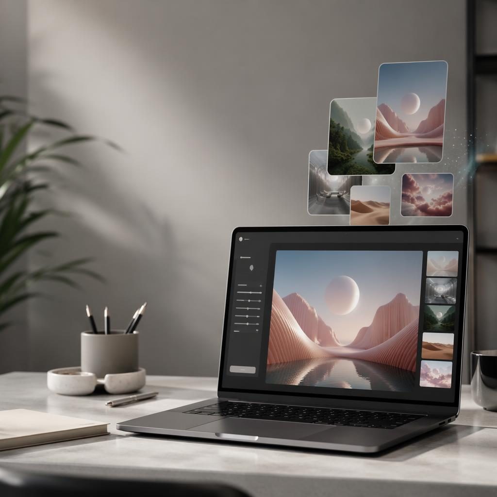 Espace de travail minimaliste avec ordinateur portable affichant une interface de génération d’images IA et visuels flottants