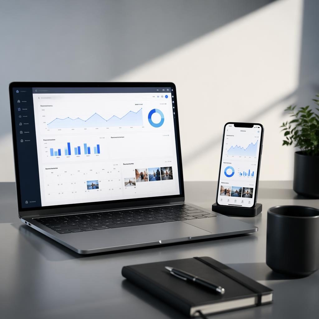 Minimal modern workspace with laptop and smartphone showing abstract social media analytics dashboards and growth charts
