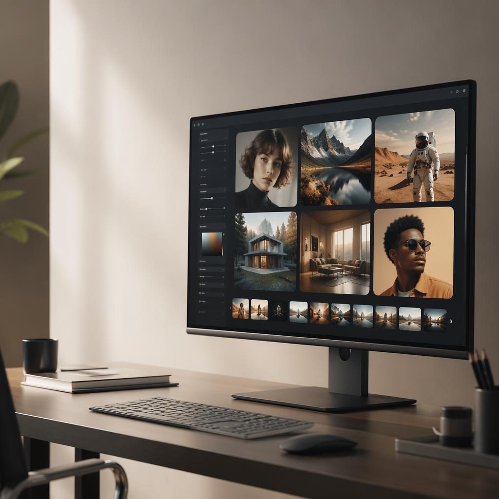Minimalistische desktopwerkplek met modern scherm dat een fotorealistische AI beeldgeneratorinterface toont.