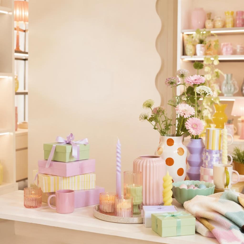 Pastellige Boutique-Szene mit Geschenkboxen, Kerzen, Tassen, Vasen und verspielter Wohndeko auf hellem Studio-Set