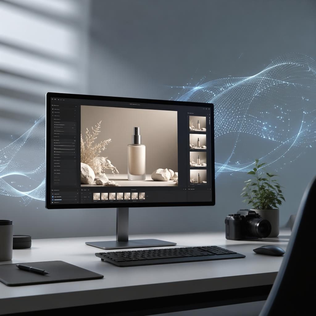 Minimalistische studiofoto van een desktopwerkplek met monitor die een ai generator-interface toont voor productvisuals.