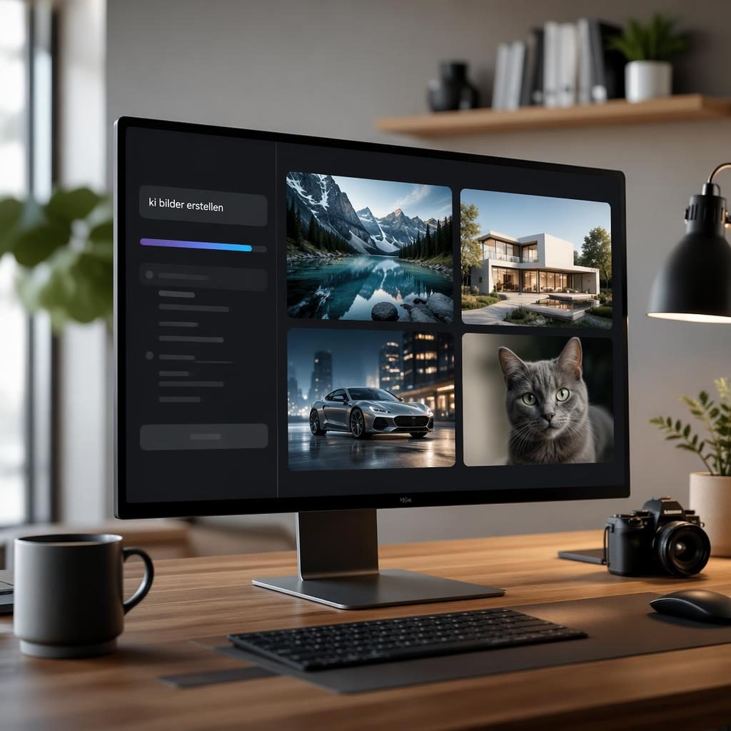 Minimalistischer Desktop-Arbeitsplatz mit AI-Bildgenerator auf dem Monitor und mehreren fotorealistischen Motiven.