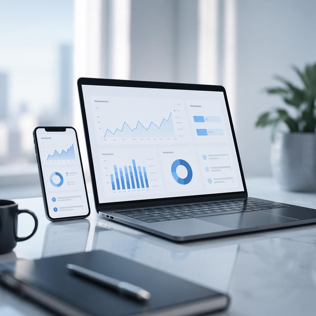 Photorealistic smartphone and laptop workspace with a social media dashboard, blue-white lighting, and clean office desk