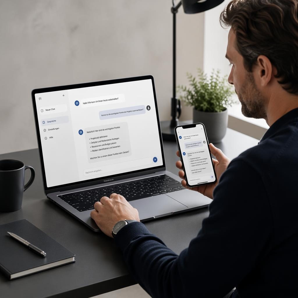 Moderner Arbeitsplatz mit Laptop und Smartphone, beide zeigen einen deutschen KI-Chatbot; erwachsene Person interagiert natürlich.