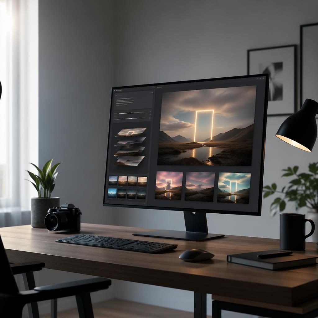 Moderne studio-werkplek met strak scherm waarop een AI-interface en gelaagde foto-output zichtbaar zijn