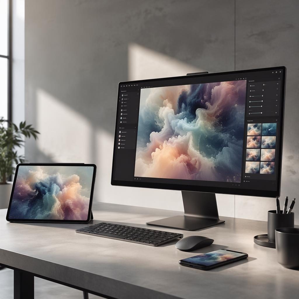 Poste de travail moderne en studio avec interface d’image IA à l’écran, smartphone et tablette à proximité.