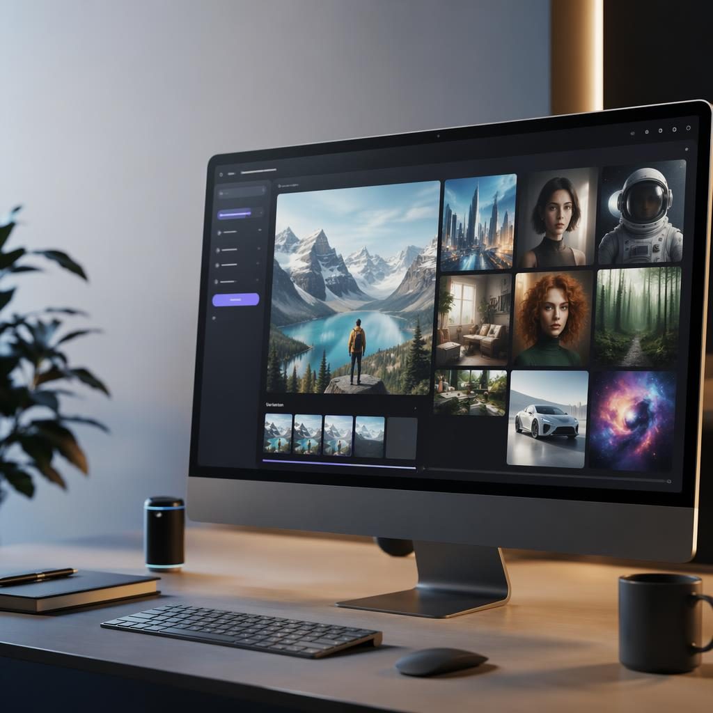 Moderner minimalistischer Arbeitsplatz mit Desktop-Monitor, der ein KI-Bildgenerator-Dashboard mit vielfältigen Bildern zeigt.