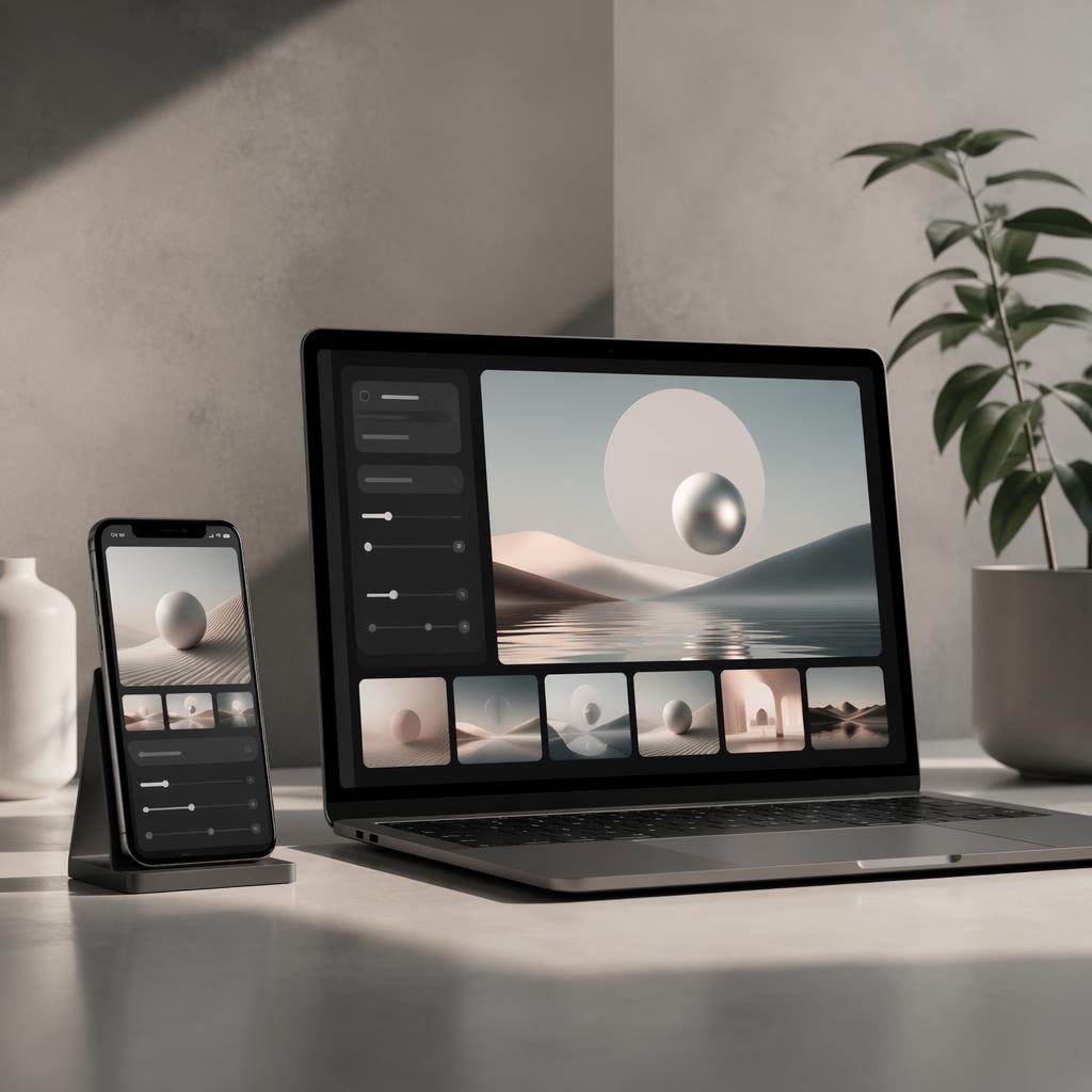 Smartphone et laptop sur un bureau studio moderne affichant une interface IA de génération d’images minimaliste