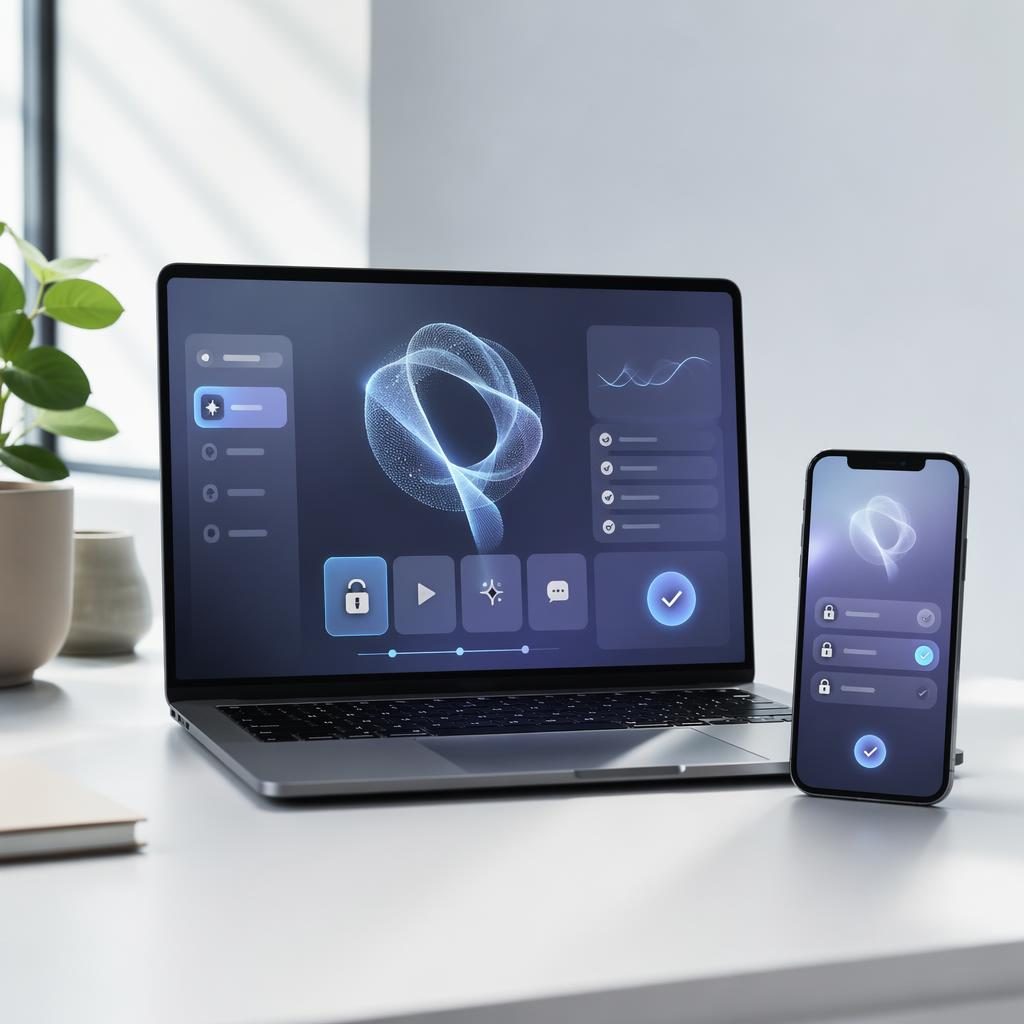 Ordinateur portable et smartphone sur bureau moderne lumineux avec interface IA abstraite, style studio épuré.